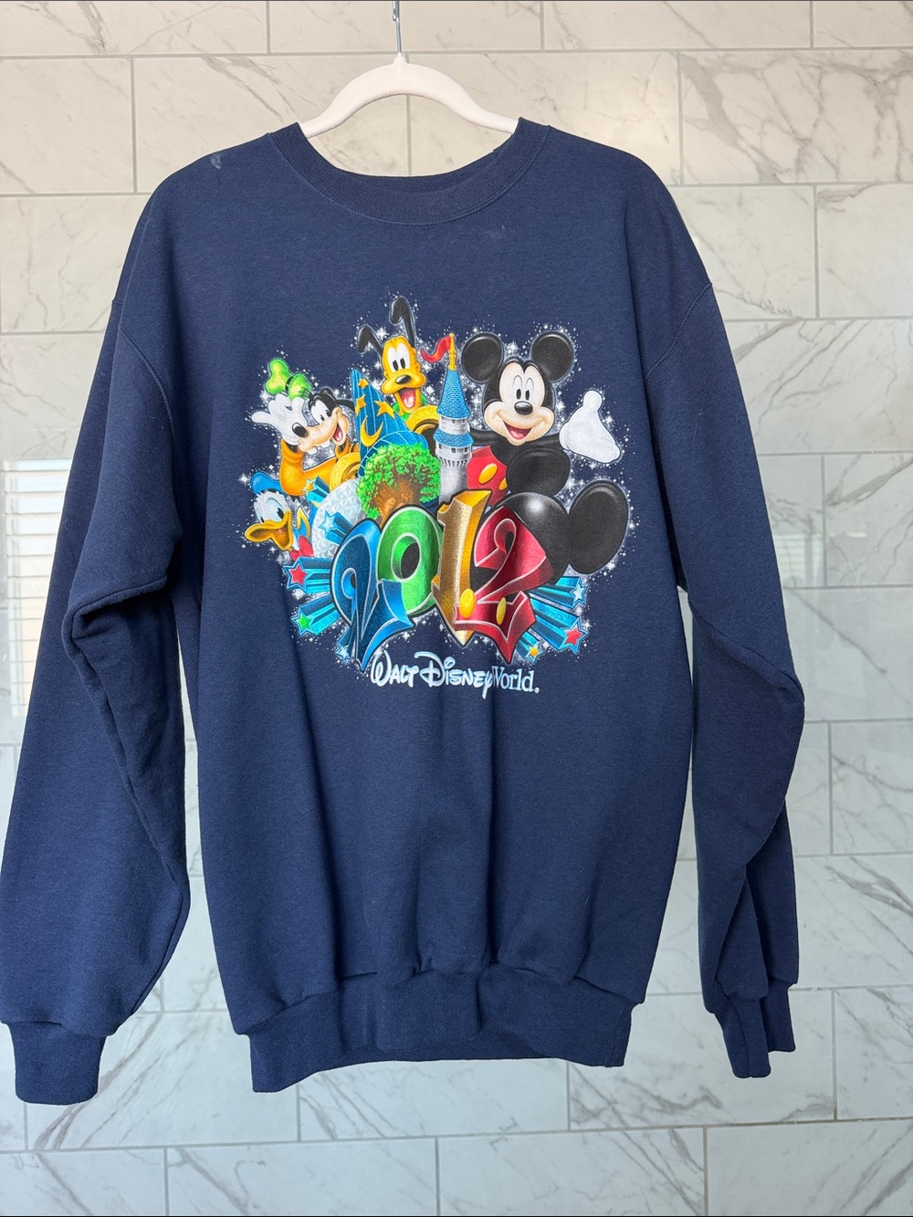 Disney Navy Blue Crewneck Sweatshirt with Multicolor 2012 Graphic